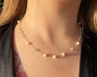 Gold necklace with freshwater pearls and blue apatite