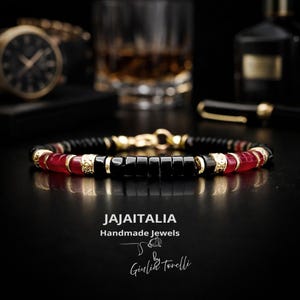 KAIRO – Bracciale unisex in Onice nero, Rubino ed Ematite dorata  Made in Italy