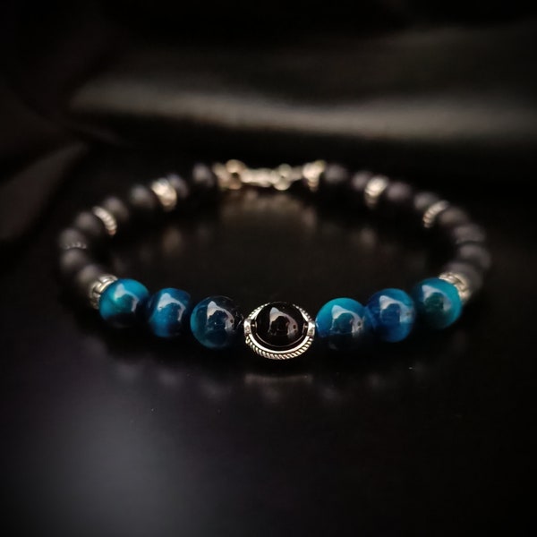 Unisex Bracelet in Natural Stone - Blue Tiger Eye and Black Onyx - Protection Talisman