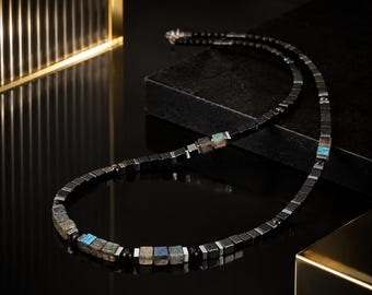 SIDERIA – Herrenhalskette aus Obsidian, Onyx, Hämatit und Labradorit – Geometrisches Design, Sterlingsilber