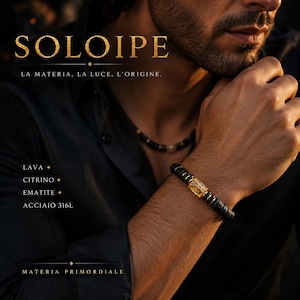 SOLOIPE • Lava Stone Bracelet for Men • Citrine‑Color Quartz • Hematite • Gold Details • Made in Italy image 3