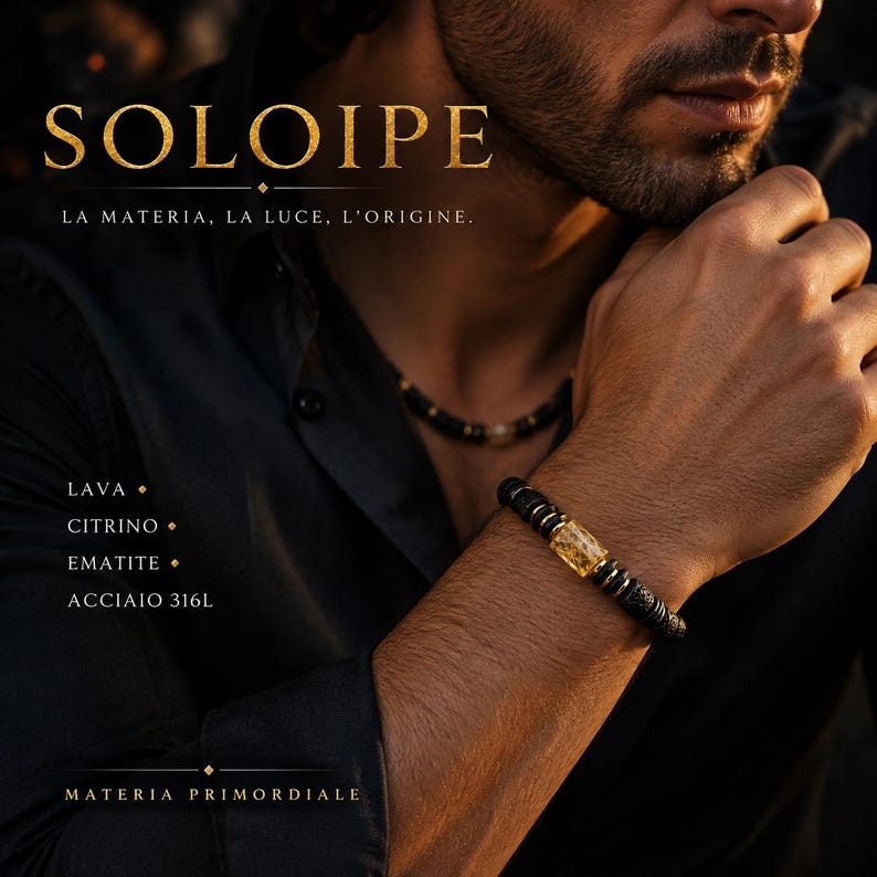 SOLOIPE • Lava Stone Bracelet for Men • Citrine‑Color Quartz • Hematite • Gold Details • Made in Italy image 3