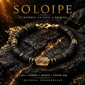 SOLOIPE • Lava Stone Bracelet for Men • Citrine‑Color Quartz • Hematite • Gold Details • Made in Italy image 1