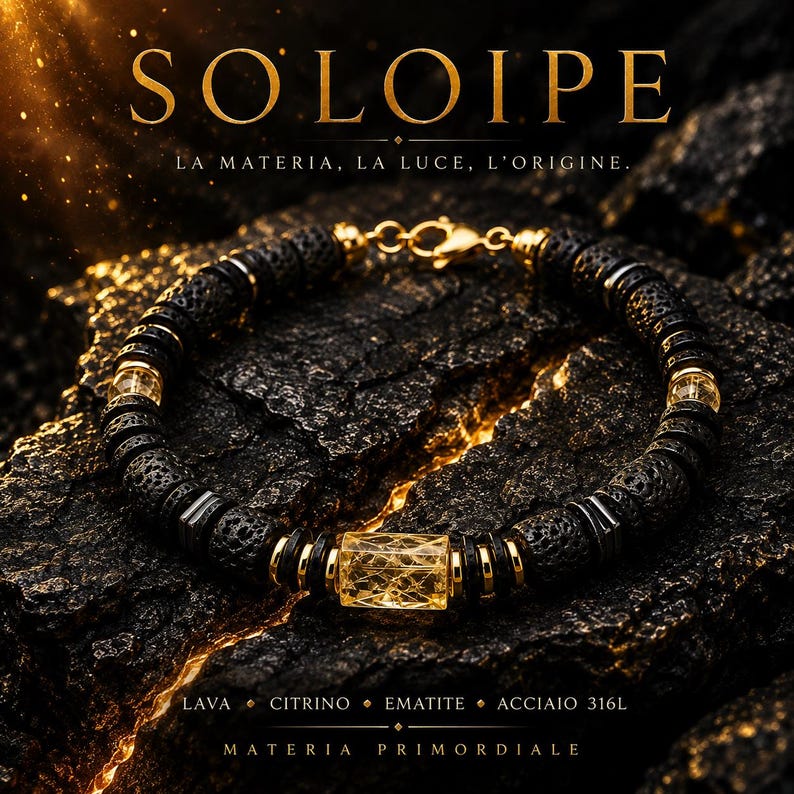 SOLOIPE • Lava Stone Bracelet for Men • Citrine‑Color Quartz • Hematite • Gold Details • Made in Italy image 1