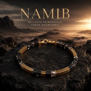 May include: A bracelet featuring alternating segments of black and white speckled square beads and ribbed gold-toned rectangular beads. The piece includes a gold-toned lobster clasp closure and is displayed against a dark, rocky landscape background.