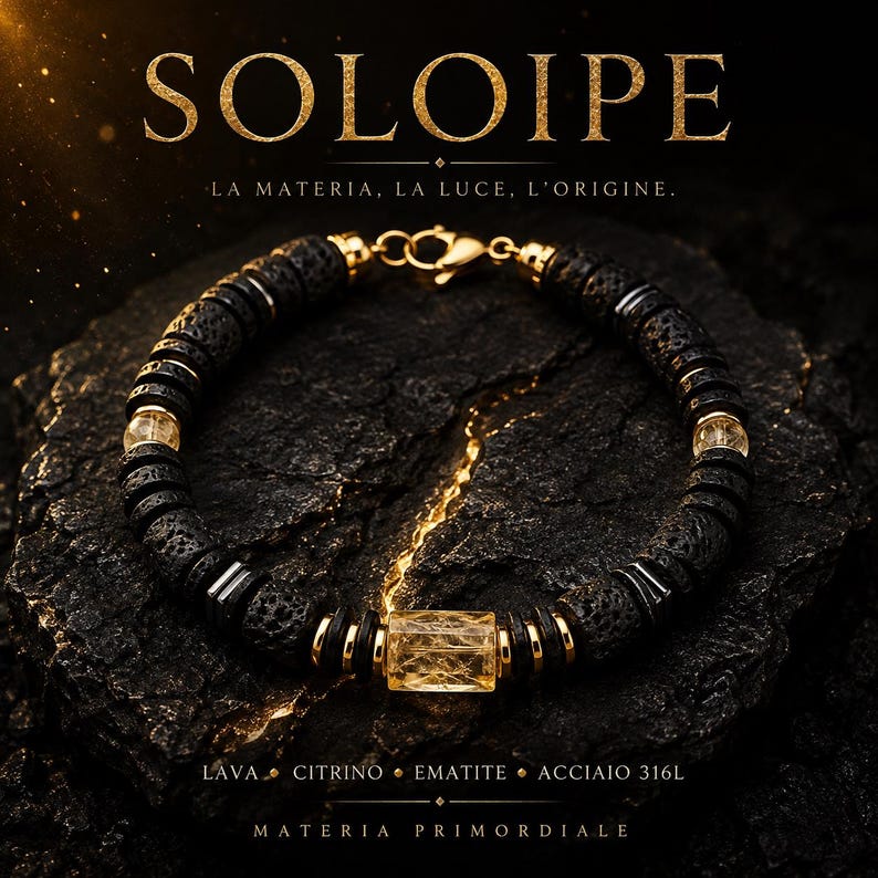 SOLOIPE • Lava Stone Bracelet for Men • Citrine‑Color Quartz • Hematite • Gold Details • Made in Italy image 8
