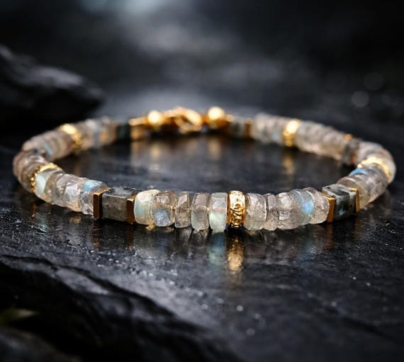 BRUMIO – Handmade Labradorite Bracelet with Golden Hematite & Tibetan Brass Accents  Custom Men’s/Unisex Jewelry