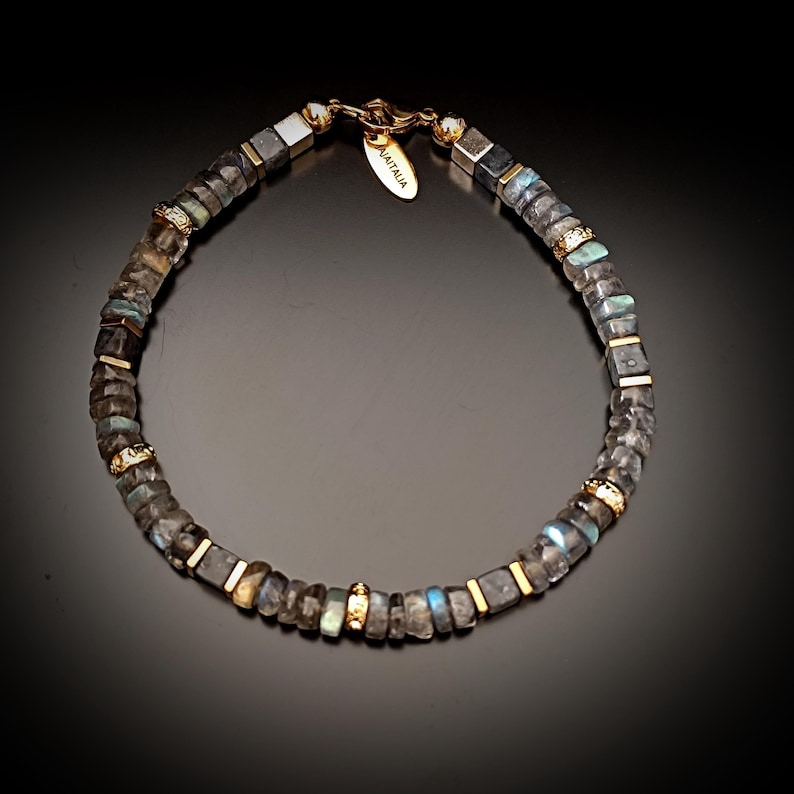 BRUMIO – Handmade Labradorite Bracelet with Golden Hematite & Tibetan Brass Accents Custom Men’s/Unisex Jewelry image 6