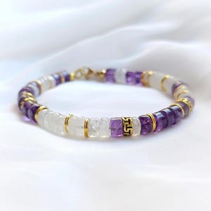 Unisex Asymmetric Moonstone and Amethyst Bracelet with Gold Inserts
