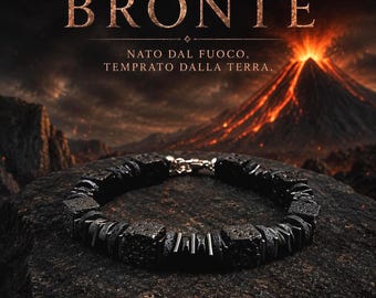 May include: A bracelet featuring alternating black porous lava stone cubes and metallic silver-toned rectangular spacers. The text BRONTE, NATO DAL FUOCO, TEMPRATO DALLA TERRA is displayed above the bracelet, which rests on a dark volcanic rock.