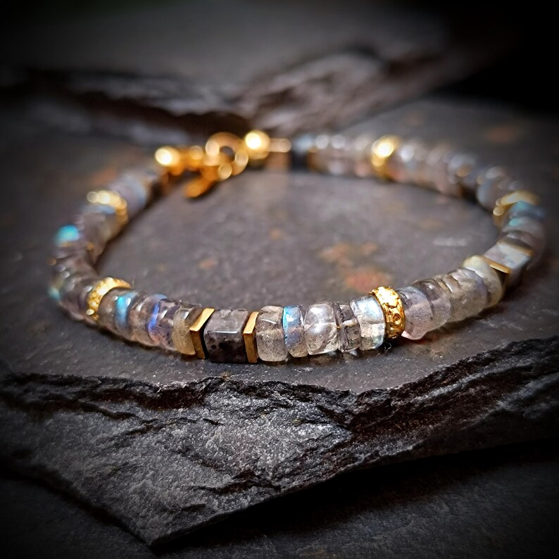 BRUMIO – Handmade Labradorite Bracelet with Golden Hematite & Tibetan Brass Accents Custom Men’s/Unisex Jewelry image 8