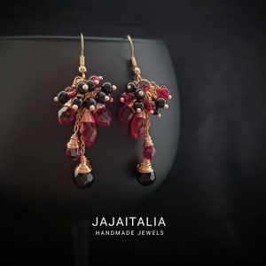 14k gold cluster earrings with ruby, garnet and black onyx crystals