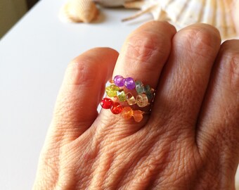 Rainbow ring with multicolor stones in 14k gold, adjustable, handmade, gift for her