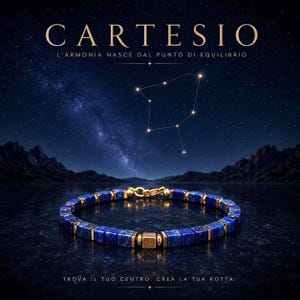 May include: A bracelet featuring alternating blue square beads and small gold-toned metal spacers, with a central gold-toned cube bead. The text CARTESIO, L'ARMONIA NASCE DAL PUNTO DI EQUILIBRIO, and TROVA IL TUO CENTRO, CREA LA TUA ROTTA is visible.