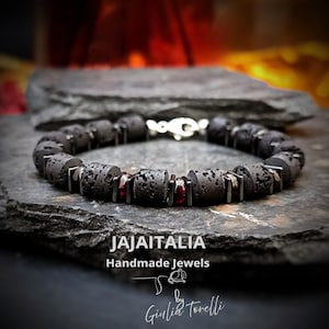 ARGES • Lava Stone Bracelet for Men • Raw Ruby • Hematite • Sterling Silver • Made in Italy