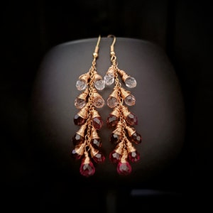 14k gold plated earrings with rubellite tourmaline, ruby, brown quartz, garnet, rose quartz and white quartz briolettes