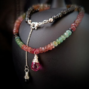 Multicolor Tourmaline Necklace with Rubellite Pendant and Black Briolette