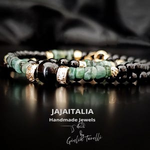 Elegant necklace for men in black onyx and raw emerald - Handcrafted jewel with golden details, Made in Italy