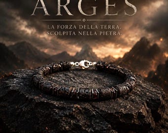May include: A bracelet featuring dark, porous lava stone beads alternating with metallic spacers. The piece includes a silver-toned lobster claw clasp. The text ARGES and LA FORZA DELLA TERRA, SCOLPITA NELLA PIETRA are visible above the bracelet.