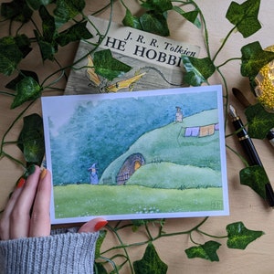 Fantasy Art Print - Grey Wizard in the Shire Watercolour Wall Decor - Fanart Mini Poster Postcard Children's Illustration