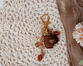 Coffee Cup Beaded Keychain For Bags Or Phones, Coffee Charm, Cute Beaded Keychain, Handmade Beaded Accessory, Short Beaded Keychain
