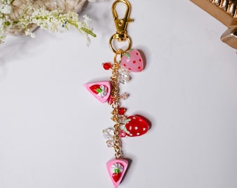 Strawberry Shortcake Charm Beaded Keychain For Bags Or Phones, Cute Cake Beaded Keychain, Handmade Beaded Accessory, Short Beaded Keychain
