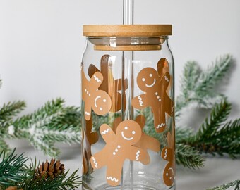Gingerbread Man Glass Cup, Iced Coffee Glass, Gingerbread Man Glass Tumbler, Christmas Coffee Glass, Christmas Gifts