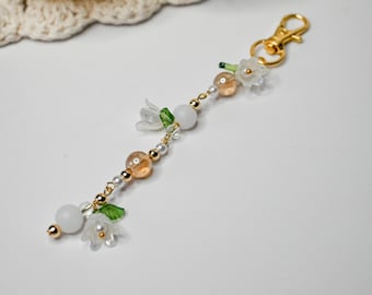 Lily Of The Valley Beaded Keychain For Bags Or Phones, Flower Charm, Cute Beaded Keychain, Handmade Beaded Accessory, Short Beaded Keychain
