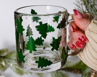 Christmas Tree Glass Mug, Holiday Gift, Hot Cocoa Mug, Candy Cane Coffee Mug, Christmas Holiday Decor, 15oz Glass Mug