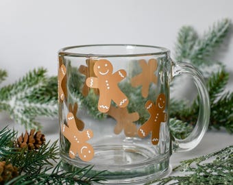 Gingerbread Man Glass Mug, Holiday Gift, Hot Cocoa Mug, Gingerbread Coffee Mug, Christmas Holiday Decor, Christmas Cookies, 15oz Glass Mug