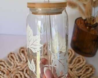 Minimalistic Autumn Leaves Glass Cup, Autumn Leaves Gift, Autumn Fall Leaves Tumbler, Iced Coffee Glass Can, Iced Coffee Cup With Bamboo Lid
