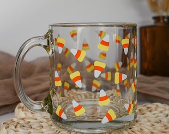 Candy Corn Glass Mug, Halloween Gift, Fall Glass Mug, Holiday Mug, Autumn Coffee Glass Mug, Halloween Mugs