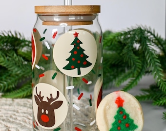 Christmas Cookies Glass Cup, Reindeer Cookie Glass, Snowman Glass, Iced Coffee Glass Can, Iced Coffee Cup With Bamboo Lid
