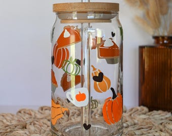 Pumpkin Spice Glass Cup, Pumpkin Lover Gift, Fall Pumpkin Pie Tumbler, Iced Coffee Glass Can, Iced Coffee Cup With Bamboo Lid