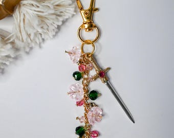 Fantasy Sword Beaded Keychain, Cherry Blossom Beaded Keychain, Handmade Short Beaded Accessory