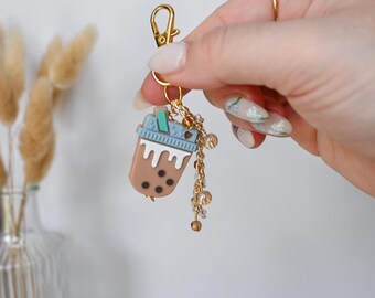 Boba Tee Charme Schlüsselbund für Taschen oder Handys, niedlichen Boba Perlen Schlüsselbund, handgemachte Perlen Zubehör, kurze Perlen Schlüsselbund
