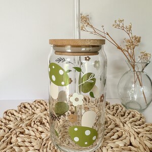 Mushroom Glass Cup, Mushroom Gift, Cottagecore Tumbler, Iced Coffee Glass Can, Iced Coffee Cup With Bamboo Lid