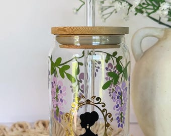 Vintage Glass Cup, Wisteria Flowers Glass Can Tumbler, Iced Coffee Glass With Bamboo Lid, Gifts For Her, Cute Floral Tumbler