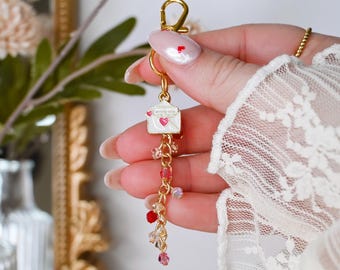 Heart Envelope Charm Keychain For Bags, Cute Valentines Day Beaded Keychain, Handmade Beaded Accessory, Short Beaded Keychain