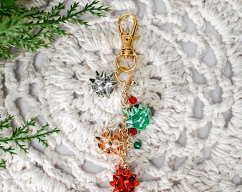Gift Bow Beaded Charm Keychain For Bags Or Phones, Christmas Beaded Keychain, Handmade Beaded Accessory, Short Beaded Keychain