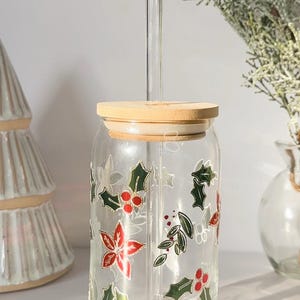 Glitzer Weihnachtsglastasse, Weihnachten Eiskaffee Glastasse, Urlaub Blumenglas, Weihnachtstasse, Weihnachtsgeschenk, Kaffeeglas mit Deckel