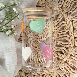 Pastel Candy Hearts Glass, Conversation Hearts Glass Cup, Vday Iced Coffee Glass Cup, Valentines Day Gift, 16 oz Libbey Beer Can Glass