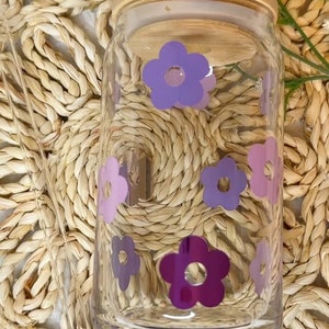 Purple Retro Daisy Glass Tumbler, Gift For Her, Flower Glass Cup, Soda Can Glass, Daisy Coffee Cup, Floral Can Glass, Cute Glass Cup
