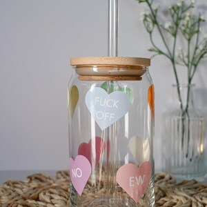 Anti Valentines Day Glass, F*ck Off Valentines, Conversation Candy Hearts Glass Cup, Vday Iced Coffee Glass Cup, 16 oz Libbey Beer Can Glass
