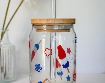 Firecracker Popsicle Glass, Fourh Of Jul Wiederverwendbares Eiskaffeeglas, Eiskaffeetasse mit Bambusdeckel