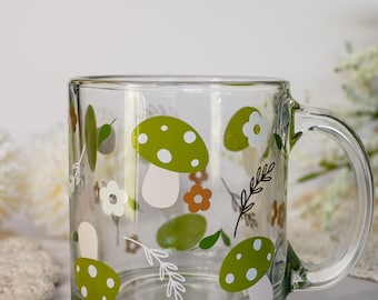 Kaffeebecher mit Pilzmotiv im Cottagecore-Stil, Kaffeetasse aus Klarglas