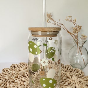 Mushroom Glass Cup, Mushroom Gift, Cottagecore Tumbler, Iced Coffee Glass Can, Iced Coffee Cup With Bamboo Lid