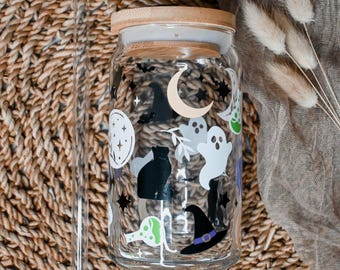 Spooky Season Glass Cup, Halloween Lover Gift, Witch Glass Tumbler, Iced Coffee Glass Can, Iced Coffee Cup With Bamboo Lid