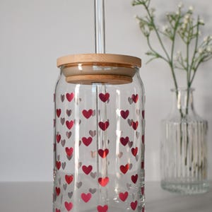 Pink Hearts Glass Tumbler, Gift For Her, Tiny Hearts Iced Coffee Glass, Valentines Day Coffee Cup, 16oz Libbey Beer Can Glass With Lid