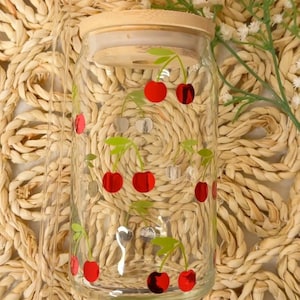 Cherries Glass Cup, Cherry Glass Can Tumbler, Iced Coffee Glass With Bamboo Lid, Gifts For Her, Cute Cherry Tumbler, Fruit Tumbler